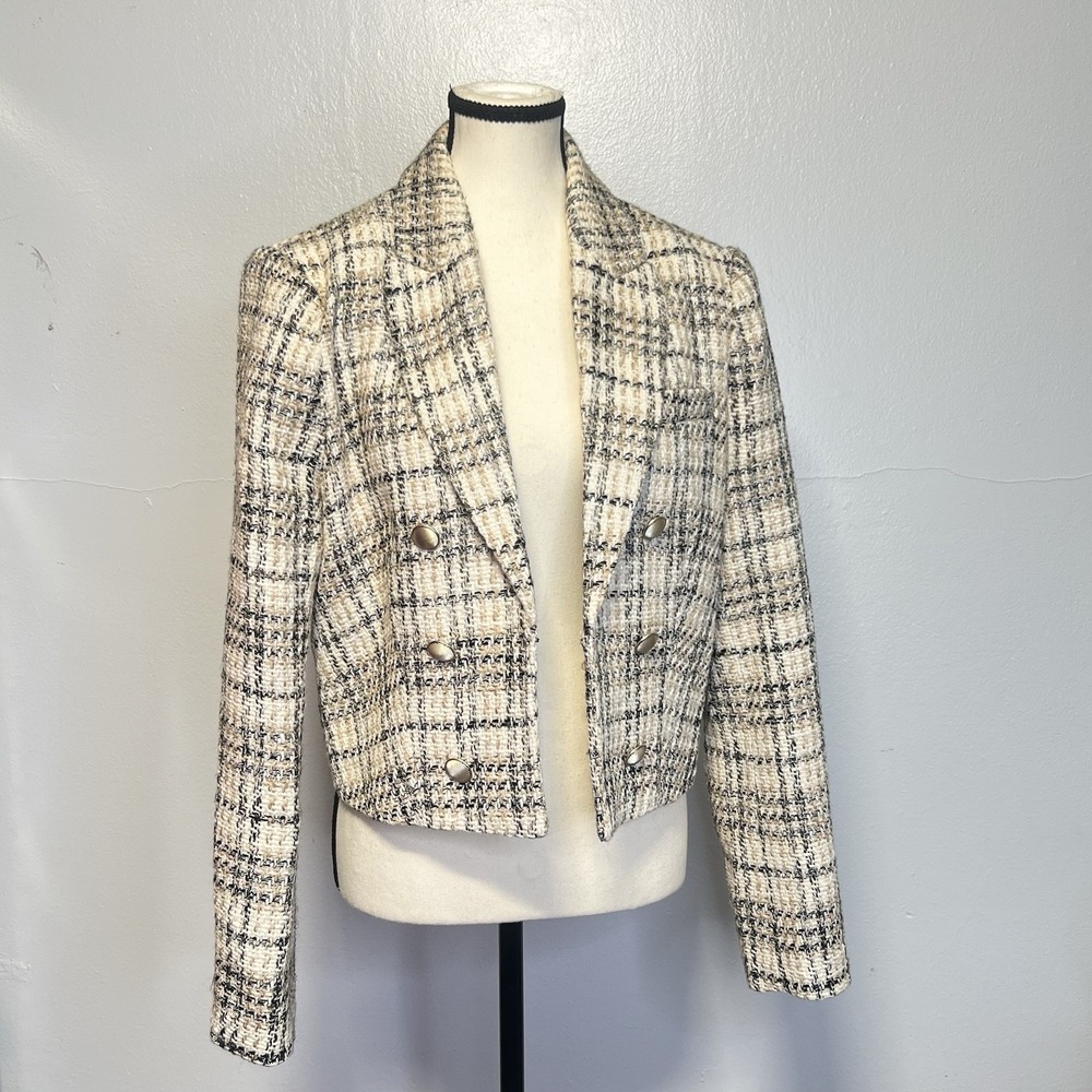 Elie Tahari Tweed Plaid Cropped Blazer‎ Jacket Sz 12 Gold Buttons Clean Girl